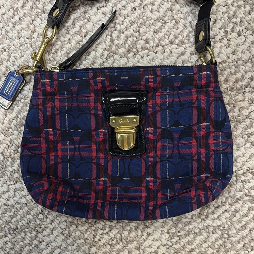Coach Blue and Pink Plaid Shoulder Bag (Small)